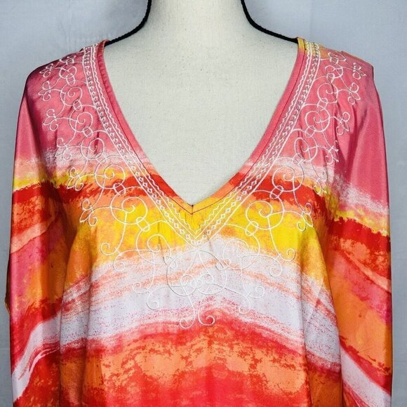 Chicos Sz S/M Overlay Bright Pink Orange Kimono Short Sleeve Poncho Satin - Picture 2 of 10